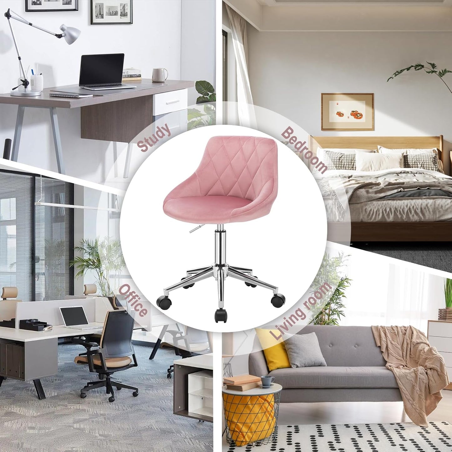 EUGAD 1 x 0033BGY Office Chair Swivel and Adjustable Velvet Office Chair with Wheels Pink