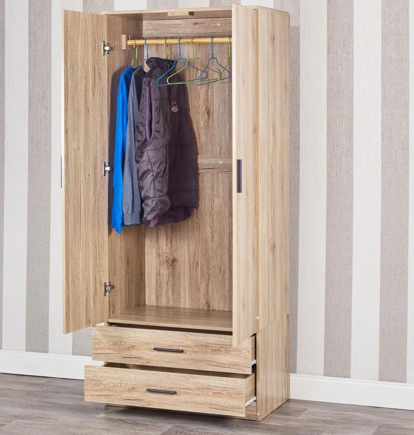 URBNLIVING Oak Wooden Bedroom Furniture Cabinet Chest of Drawers Dressing Table Wardrobe - 2 Door Wardrobe