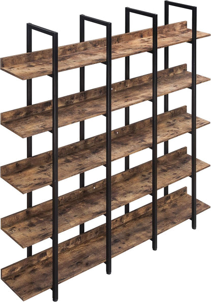 LiviNest 5-Tier Industrial Style Bookcase - Vintage Steel Standing Large Open Bookshelf - Display Shelves for Home Office Brown