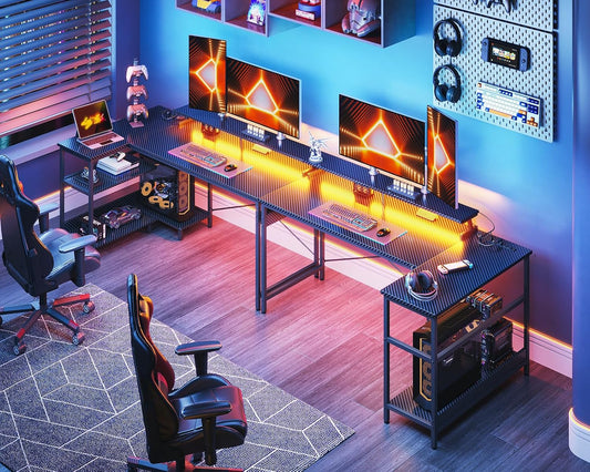 ODK 58 Inch Gaming Desk with USB Charging Ports and LED Lights, Reversible L Shaped Computer Desk with Storage Shelves & Monitor Stand, Corner Gamer Desk Table with Power Outlets, Black