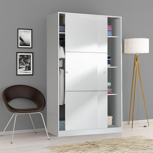 Wardrobe with 2 Sliding Doors and Shelves for Bedroom or Guest Room, White Gloss Finish, Size: 120cm (W) x 200cm (H) x 50cm (D)