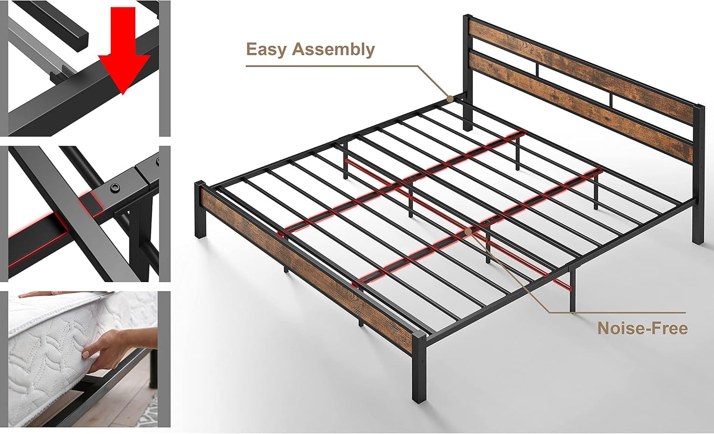 LIKIMIO King Bed Frame, Easy Assembly, Noise-Free, No Box Spring Needed, Heavy Strong Metal Support Frames, Double-Row Support Bars, Vintage Brown