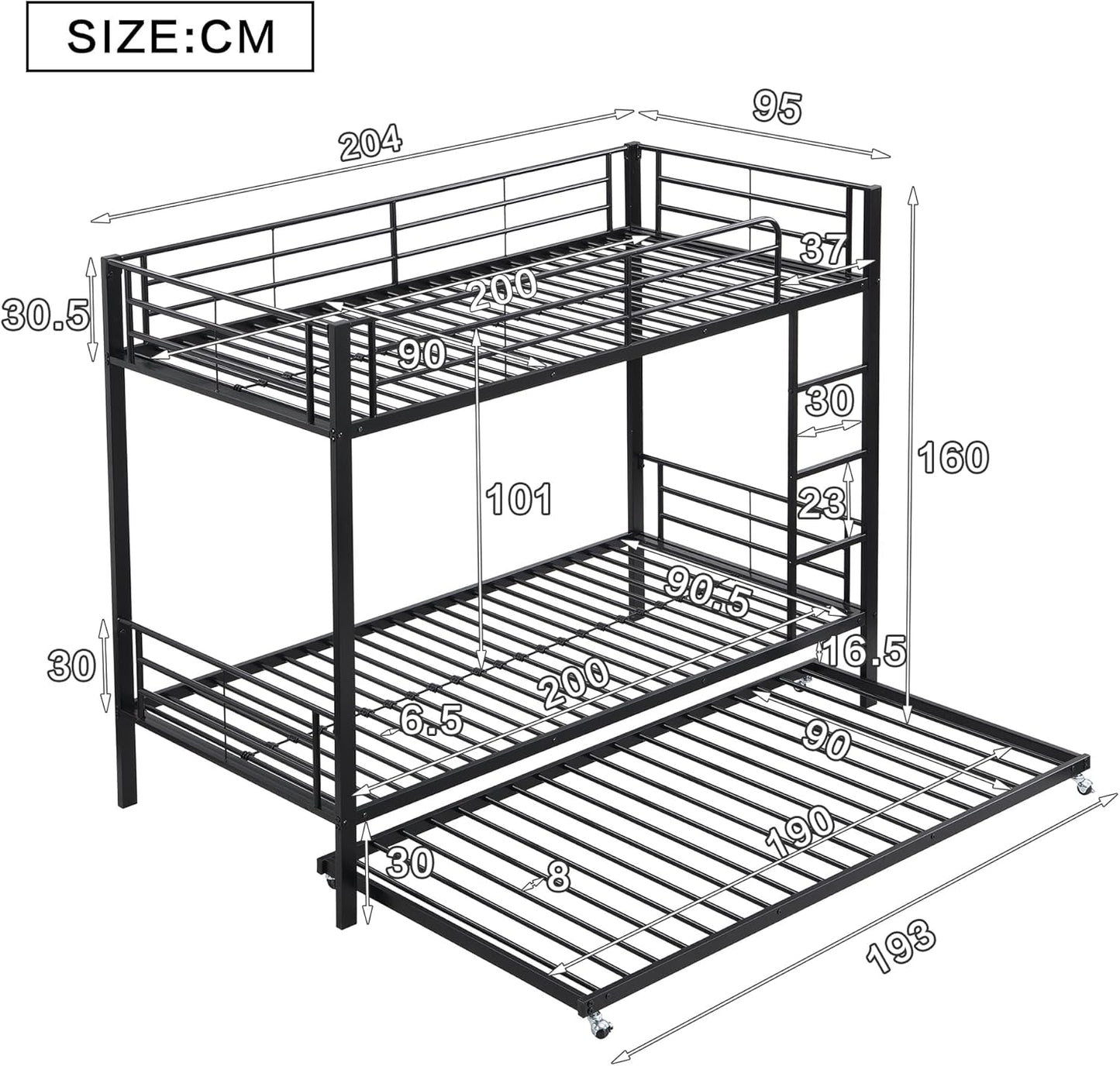 Moimhear Iron Bunk Bed, Suitable for Children and Teenagers, with Pull-Out Bed, Four Side Bars on the Top Bed, Iron, 90 x 200 cm and 90 x 190 cm