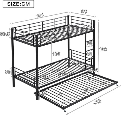 Moimhear Iron Bunk Bed, Suitable for Children and Teenagers, with Pull-Out Bed, Four Side Bars on the Top Bed, Iron, 90 x 200 cm and 90 x 190 cm