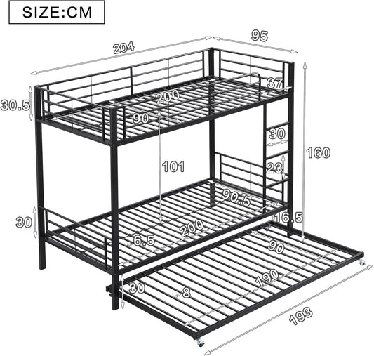 Moimhear Iron Bunk Bed, Suitable for Children and Teenagers, with Pull-Out Bed, Four Side Bars on the Top Bed, Iron, 90 x 200 cm and 90 x 190 cm