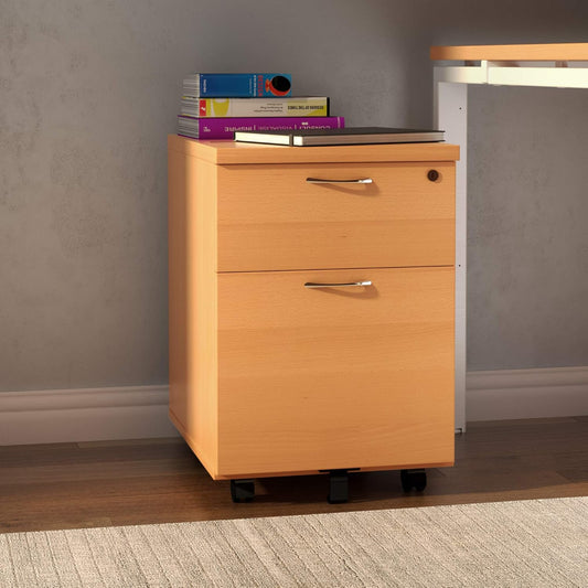 Office Hippo Heavy Duty 2 Drawer Mobile Pedestal Filing Cabinet with Anti-Tilt Mechanism & Lockable Office Storage, 5 Year Warranty - Beech