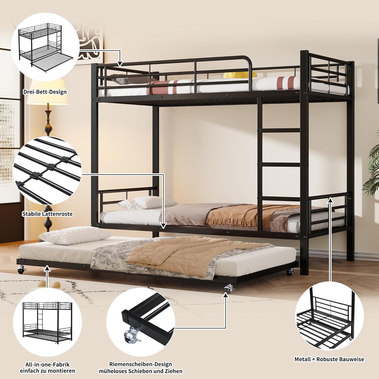 Moimhear Iron Bunk Bed, Suitable for Children and Teenagers, with Pull-Out Bed, Four Side Bars on the Top Bed, Iron, 90 x 200 cm and 90 x 190 cm