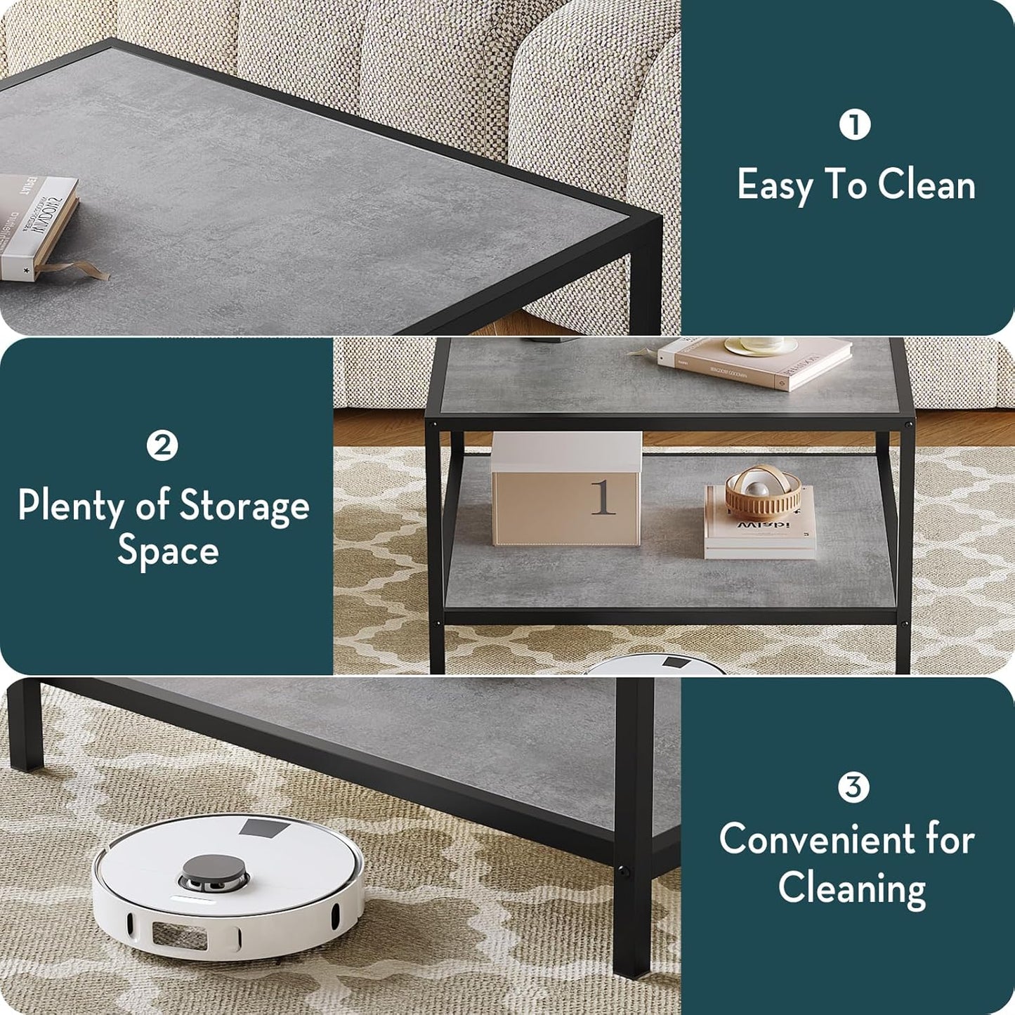 SAYGOER Coffee Table for Living Room, Square Modern Coffee Tables with Storage, 2 Tier Small Farmhouse Center Table for Office Apartment Home, Gray Wood Tabletop, Easy Assembly
