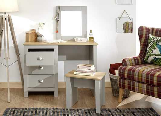 Home Source Grey Dressing Set with Mirror and Stool Jewellery Table, 3 Drawer