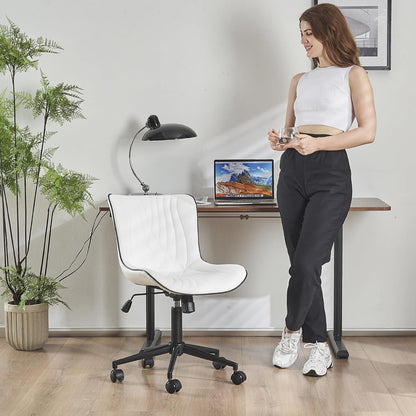 YOUTASTE Modern Armless Office Chair - Height Adjustable Swivel Rocking Computer Task Chair, Faux Leather With Wheels, Stylish Lounge Vanity Seat, White