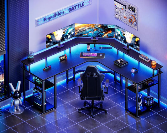Coleshome L Shaped Gaming Desk with LED Lights & Power Outlets, Reversible 56" Computer Desk with Full Monitor Stand & Storage Shelves, Ergonomic Home Office Corner Desk, Black