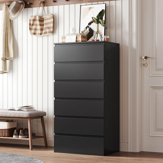 FOREHILL Chest of Drawers 119 cm High Black with 6 Drawers Sideboard Drawer Cabinet for Bedroom Hallway Living Room 60 x 40 x 119 cm