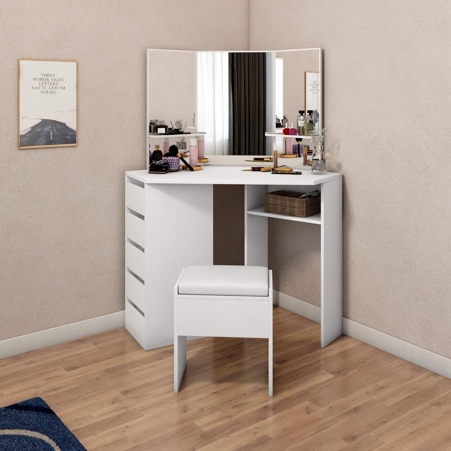 Panana Corner Dressing Table Makeup Desk Bedroom Dresser Table Furniture With Mirror Makeup Stool Set (White)