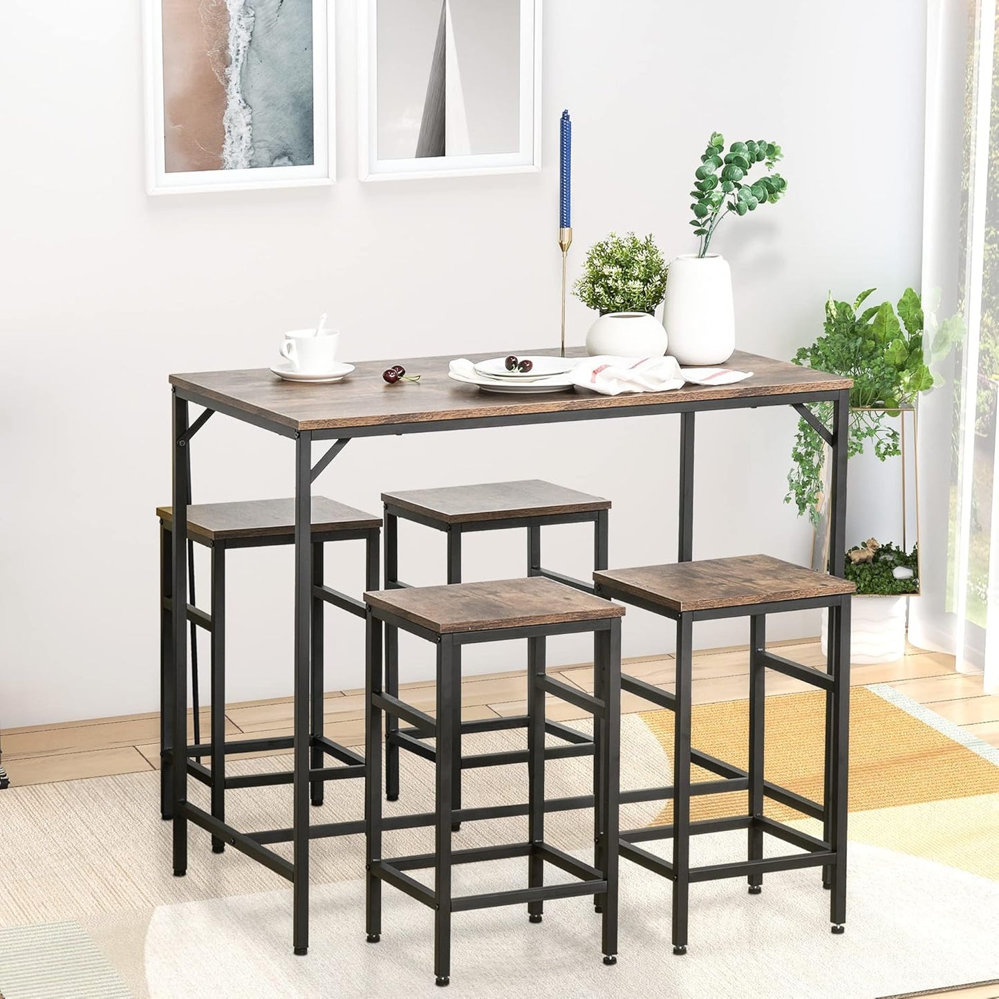 HOMCOM Industrial Rectangular Bar Table Set with 4 Stools for Dining Room, Kitchen, Dinette