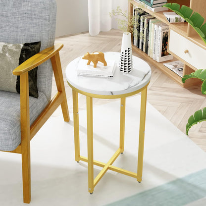 AWQM Round Side Table Set of 2, Modern Nightstand Faux Marble Accent Coffee Table for Living Room, Bedroom, Home & Office (White & Gold)
