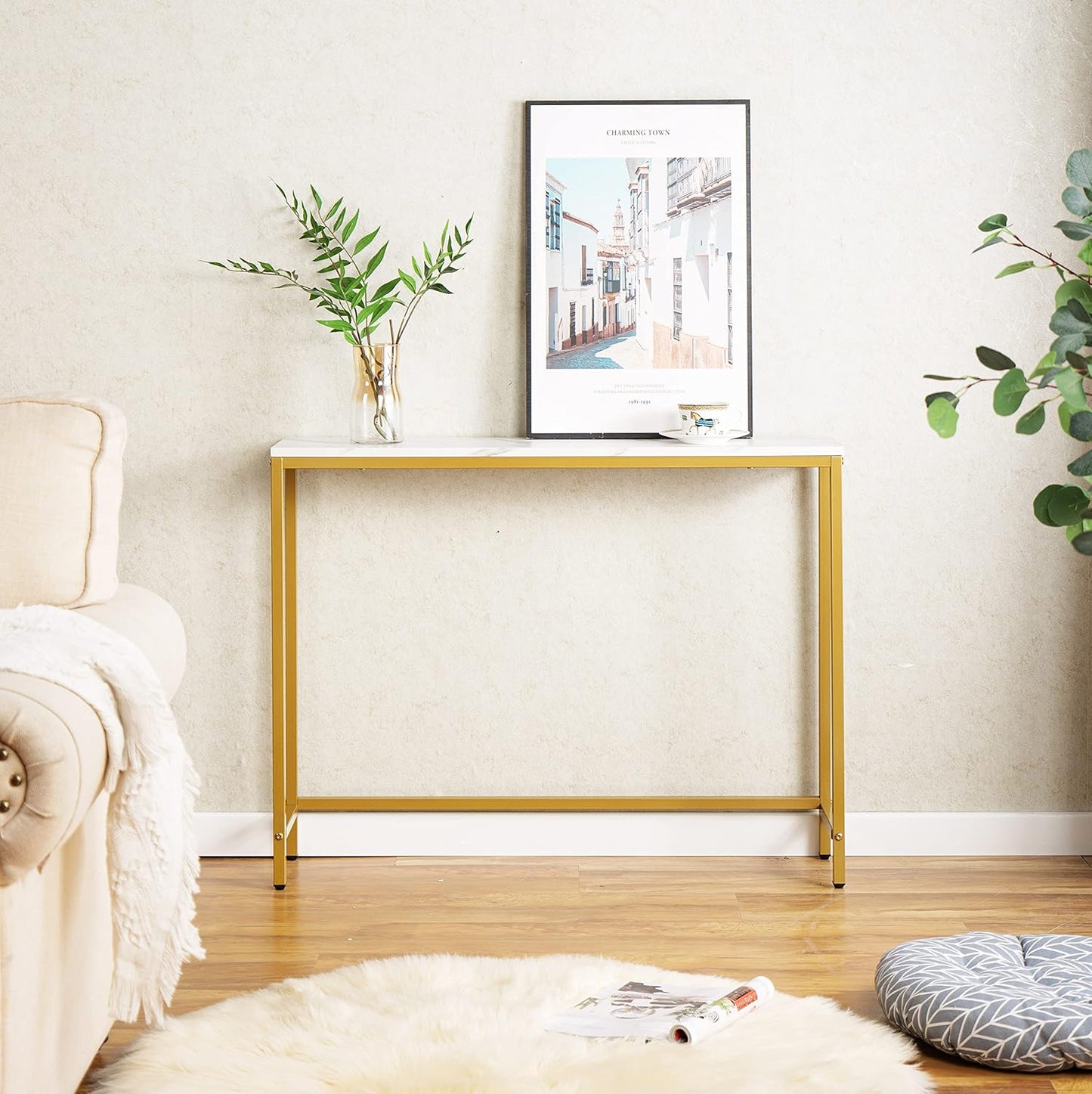 loglus Console Table for Entryway, Faux Marble MDF Sofa Table with Golden Frame (Double Layer,Single Layer, White Marble)