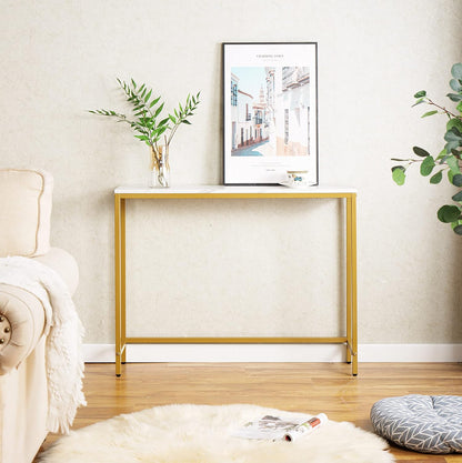 loglus Console Table for Entryway, Faux Marble MDF Sofa Table with Golden Frame (Double Layer,Single Layer, White Marble)