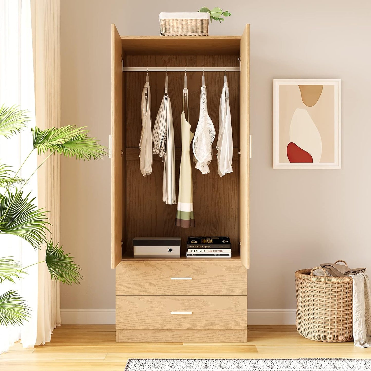 Panana 2 Door 2 Drawer Wardrobe with Hanging Rail Wooden Clothes Storage Cupboards Unit for Bedroom Furniture 76.8 * 50 * 180cm (New Oak Effect)