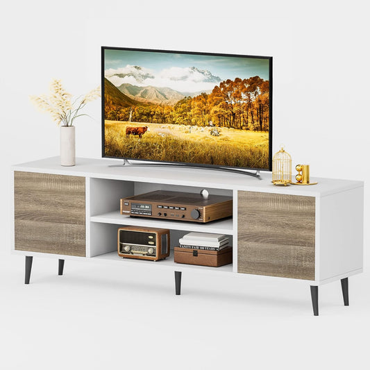 JUMMICO Mid-Century Modern TV Stand for 55/65 Inch TV, Entertainment Center with Storage Cabinet and Open Shelves, TV Media Cabinet for Living Room, Bedroom and Office (White and Oak, 65 Inches)