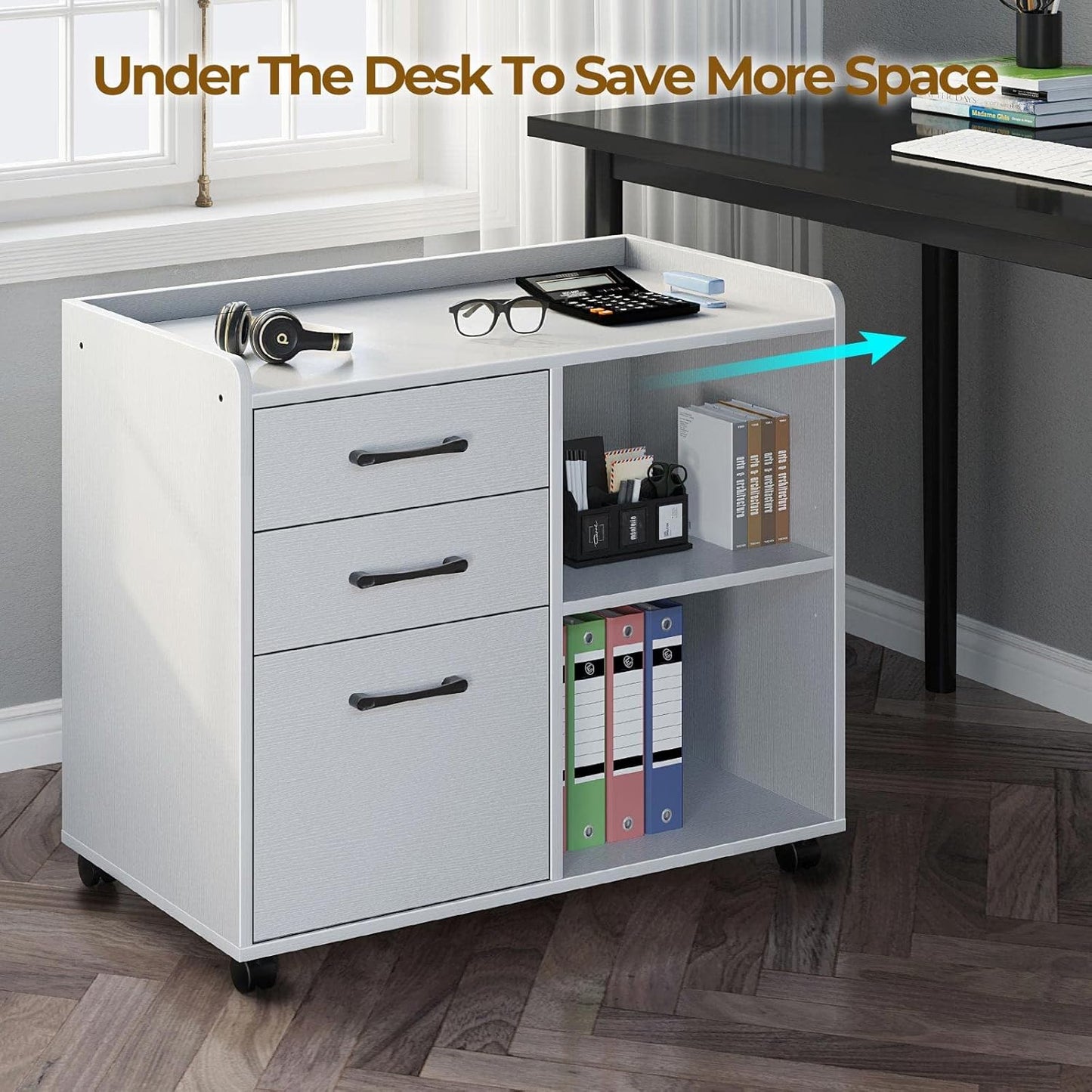 Rolanstar File Cabinet 3-Drawers, Mobile Lateral Printer Stand with Open Storage Shelf, Rolling Filing Cabinet with Wheels for A4/Letter Size,White
