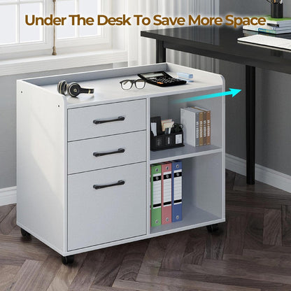 Rolanstar File Cabinet 3-Drawers, Mobile Lateral Printer Stand with Open Storage Shelf, Rolling Filing Cabinet with Wheels for A4/Letter Size,White