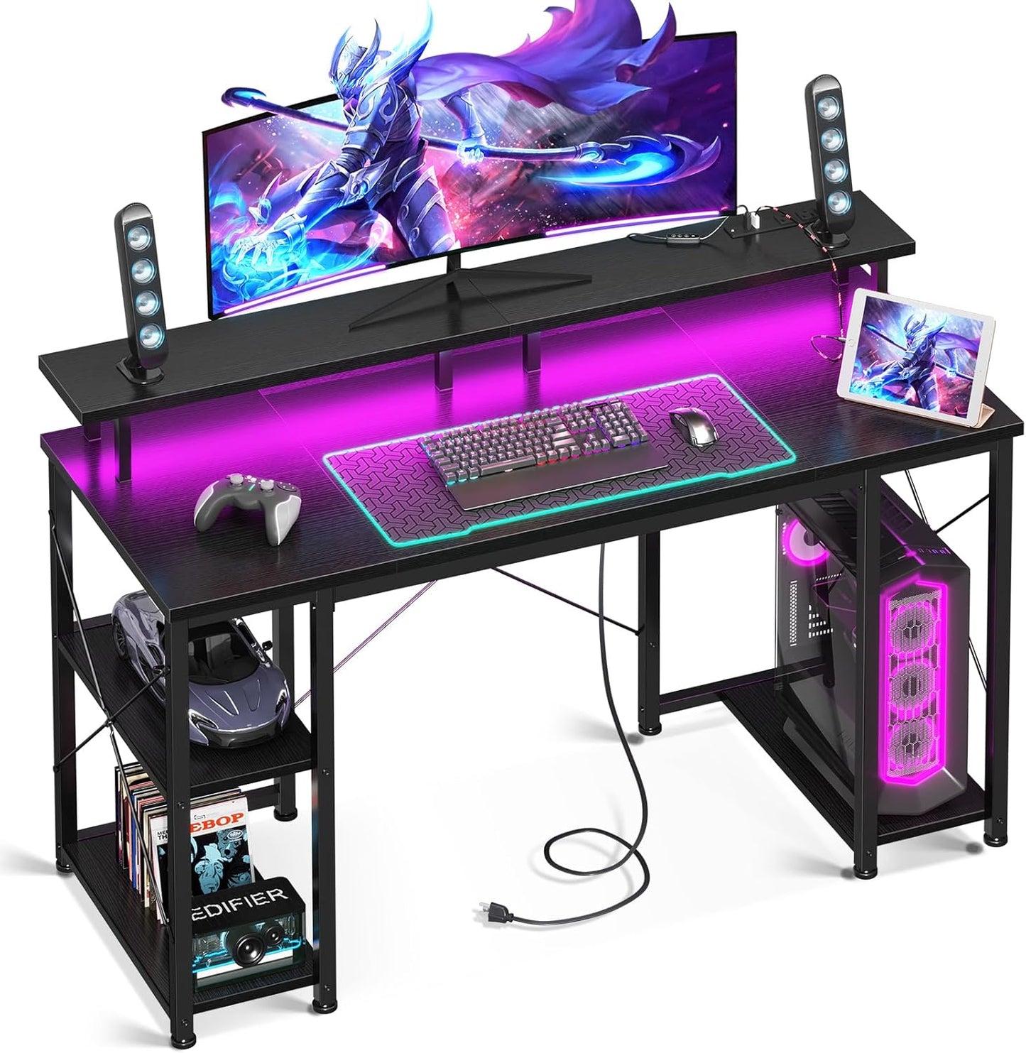 ODK 48 inch Gaming Desk with LED Lights, Computer Desk with Monitor Stand & Storage Sheves, CPU Stand, Home Office Desk, Black