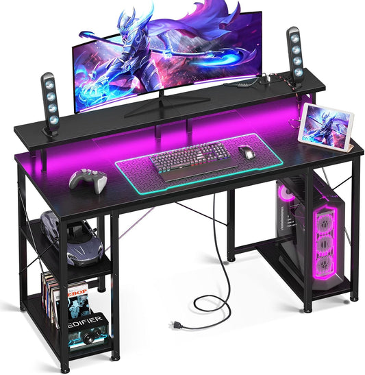 ODK 48 inch Gaming Desk with LED Lights, Computer Desk with Monitor Stand & Storage Sheves, CPU Stand, Home Office Desk, Black