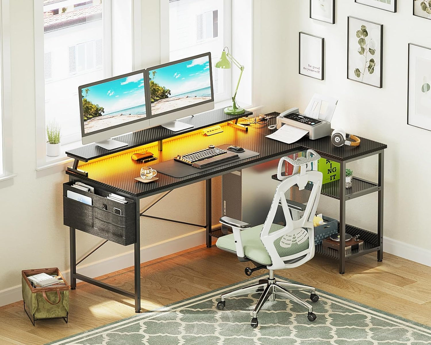 ODK 58 Inch Gaming Desk with USB Charging Ports and LED Lights, Reversible L Shaped Computer Desk with Storage Shelves & Monitor Stand, Corner Gamer Desk Table with Power Outlets, Black