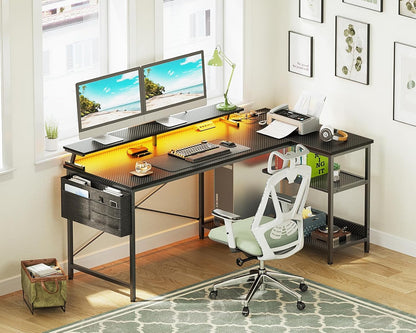 ODK 58 Inch Gaming Desk with USB Charging Ports and LED Lights, Reversible L Shaped Computer Desk with Storage Shelves & Monitor Stand, Corner Gamer Desk Table with Power Outlets, Black