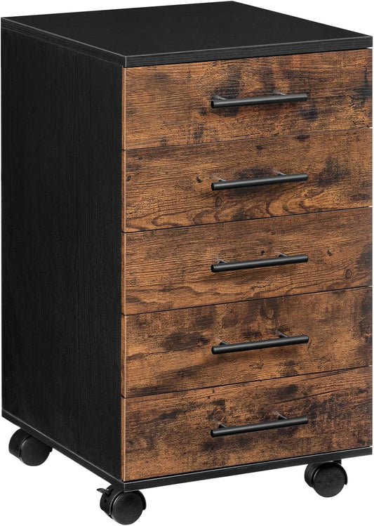 HOOBRO 5-Drawer Chest, File Cabinet, Office Cabinet, Filing Cabinet with Drawers, Wooden Cabinet with Wheels, Storage Cabinet for Makeup, for Home Office, Study, Easy Assembly, Rustic Brown BF05WJ01