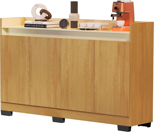 Quality Móveis Ryzen Model Retro Buffet Sideboard Rack, 4 Doors for Office, Coffee Corner, Off-White/Nature Color