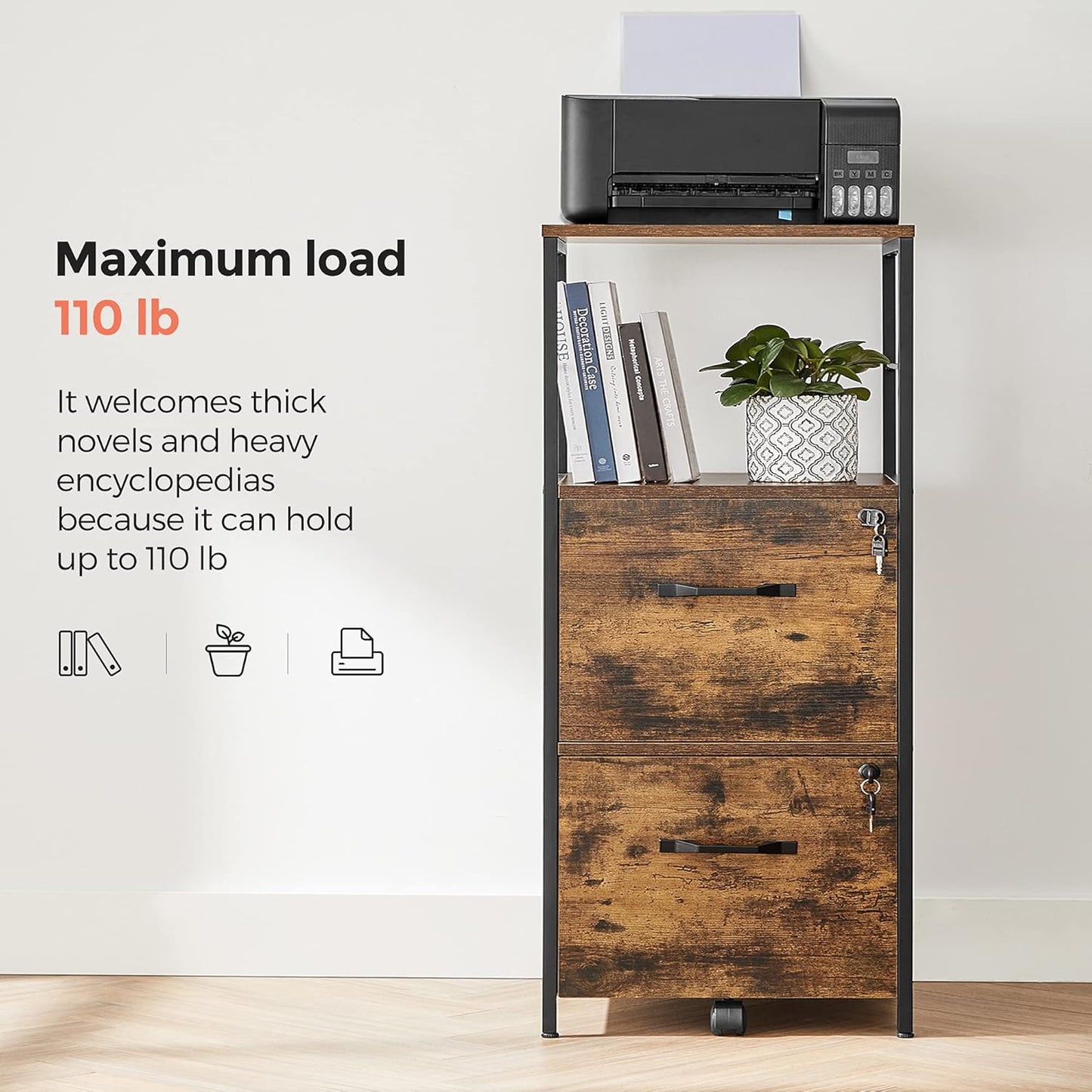 VASAGLE File Cabinet for Home Office, Filing Cabinet with 2 Drawers, Open Shelf, Steel Frame, A4 and Letter Sized Files, Printer Stand, Adjustable Feet, Industrial, Rustic Brown and Black UOFC045B01