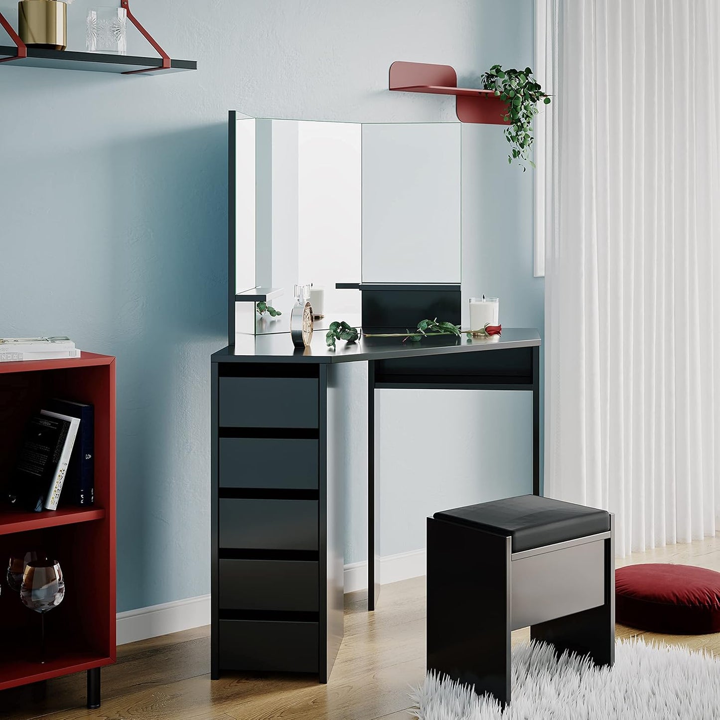 Panana Dressing Table MDF Corner Makeup Table with 3 Mirrors, 5 Drawers, 1 Compatiment and Bedroom Stool, 109 cm (L) x 55 cm (W) x 140 cm (H) (Black)