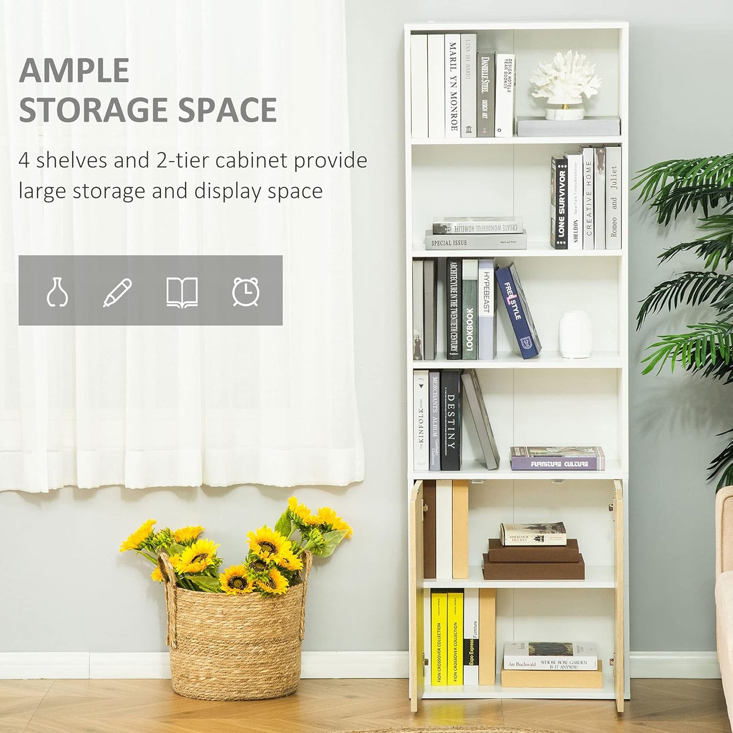 HOMCOM 2 Door 4 Shelves Tall Bookcase Modern Storage Cupboard Display Unit for Living Room Study Bedroom Home Office Furniture White and Oak
