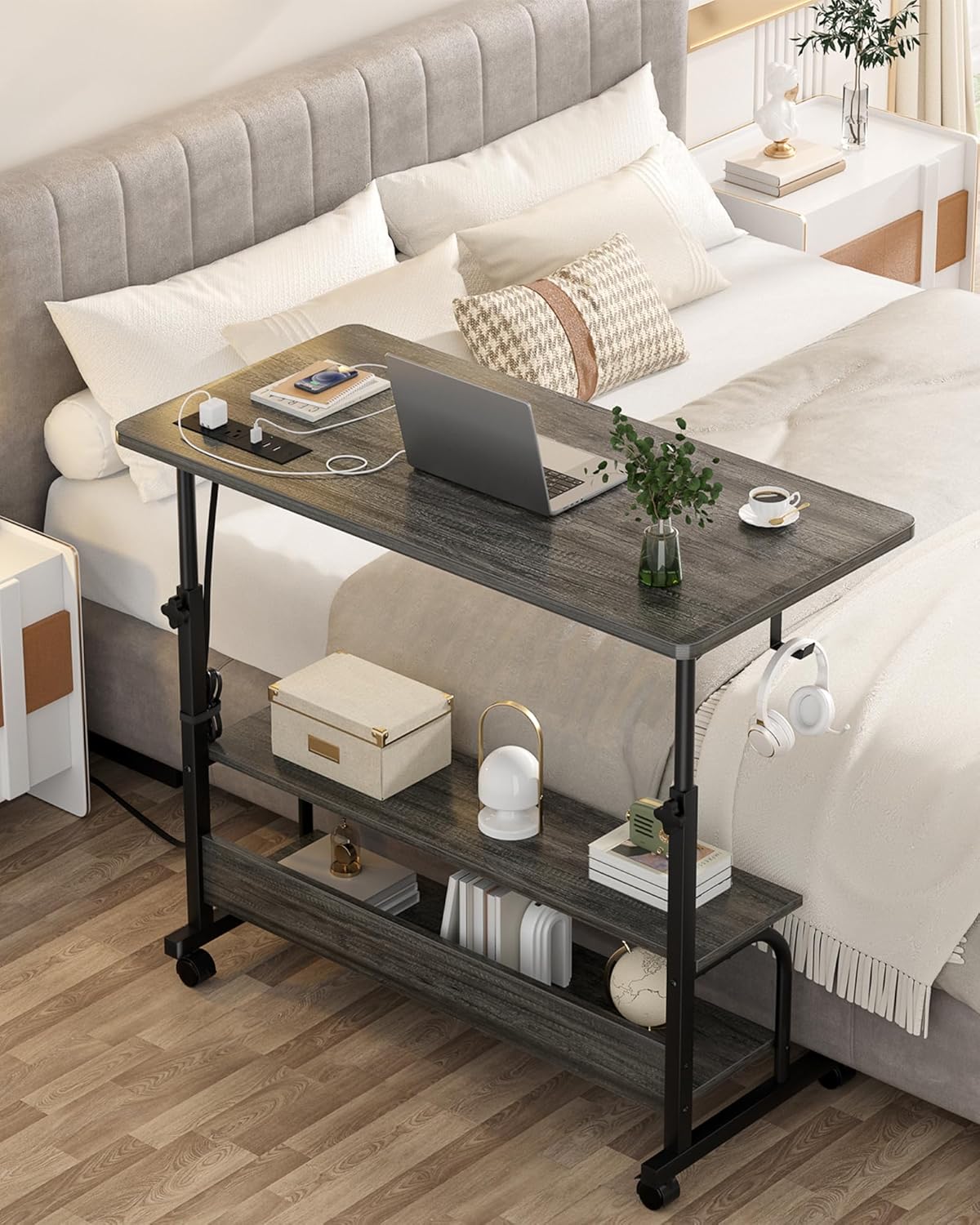 Height Adjustable Standing Desk with Power Outlets, 32" Manual Stand Up Desk with Storage Shelves Small Mobile Rolling Computer Desk Portable Laptop Table with Wheels for Home Office