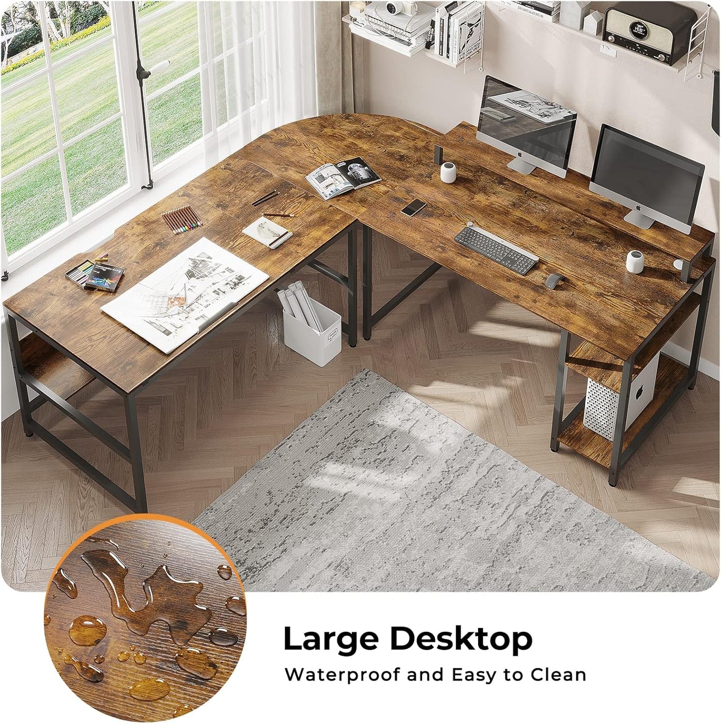 SEDETA L Shaped Desk, 68.9 inches Corner Computer Desk with Monitor Stand Riser, Drafting Drawing Table with Tiltable Desktop, Workstation Study Writing Table Art Desk for Home Office, Rustic Brown