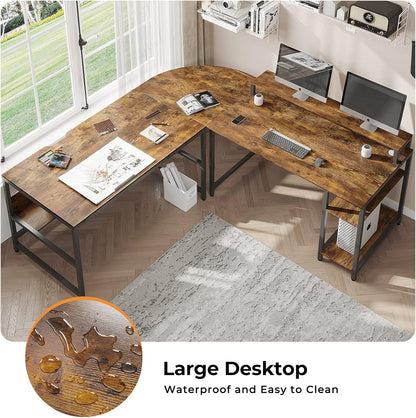 SEDETA L Shaped Desk, 68.9 inches Corner Computer Desk with Monitor Stand Riser, Drafting Drawing Table with Tiltable Desktop, Workstation Study Writing Table Art Desk for Home Office, Rustic Brown
