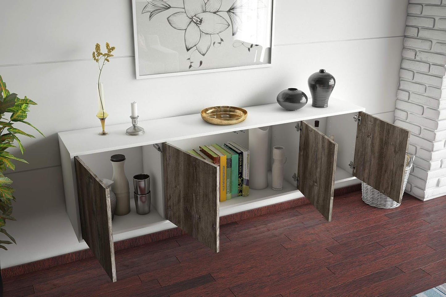 Dekati Lowboard Anaheim hÃ¤ngend (180x49x35cm) Korpus Weiss matt - Front Holz-Design Pinie - Push to Open