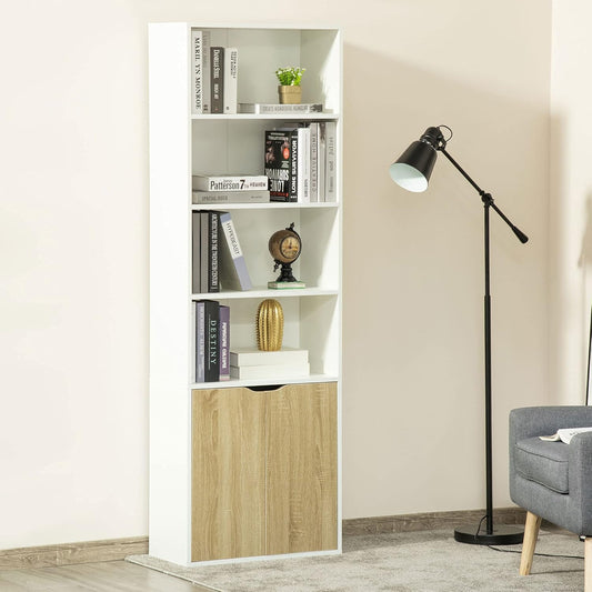 HOMCOM 2 Door 4 Shelves Tall Bookcase Modern Storage Cupboard Display Unit for Living Room Study Bedroom Home Office Furniture White and Oak