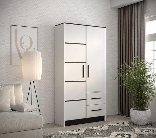 MEBLE KRYSPOL Malta 103 Hinged Door Wardrobe with 2 Doors, 2 Drawers, Modern Design (M1 Matte White + Black)