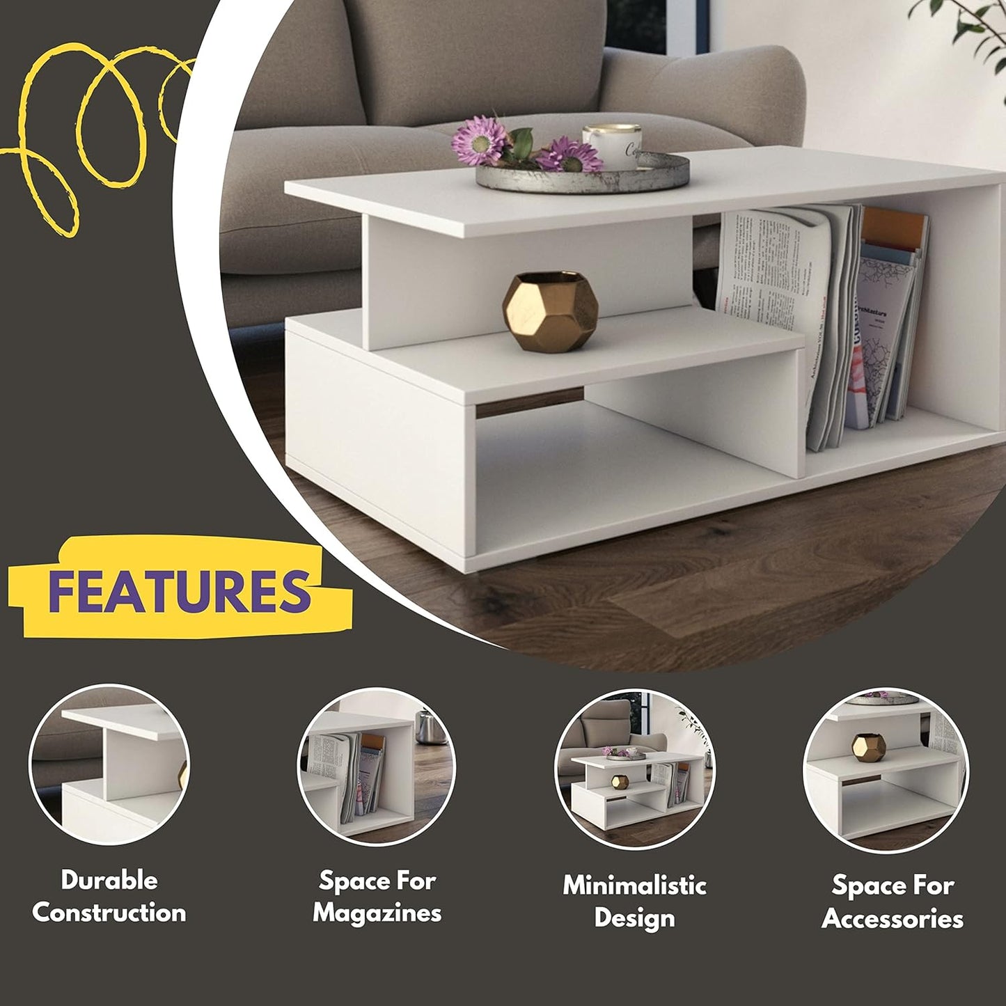 Wooden White Coffee Tables For Living Room, Elegant Coffee Table White, Elegant Coffee Table With Storage, Minimalist Design Living Room Table, Multi-Tier Modern Coffee Tables White Gloss Coffee Table