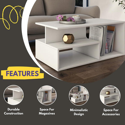 Wooden White Coffee Tables For Living Room, Elegant Coffee Table White, Elegant Coffee Table With Storage, Minimalist Design Living Room Table, Multi-Tier Modern Coffee Tables White Gloss Coffee Table