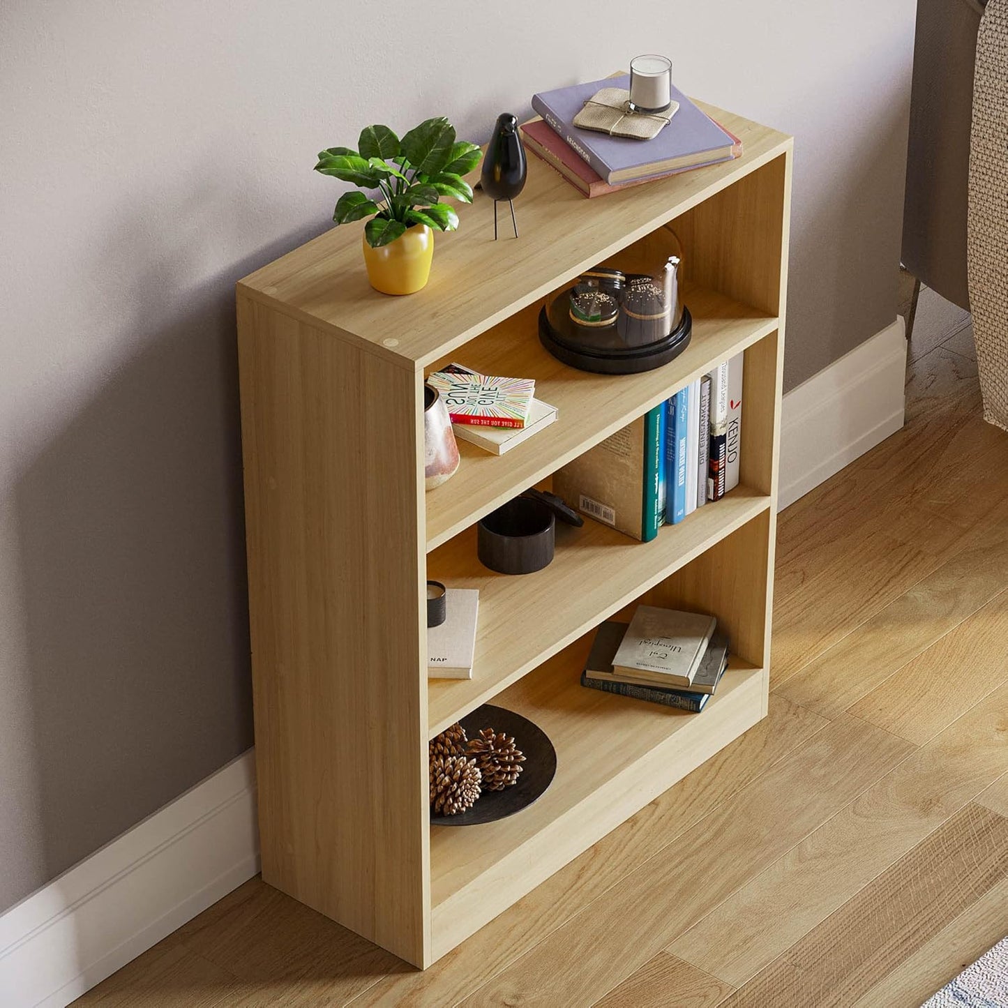 Vida Designs Cambridge 3 Tier Low Bookcase, Oak Wooden Shelving Display Storage Unit Office Living Room Furniture