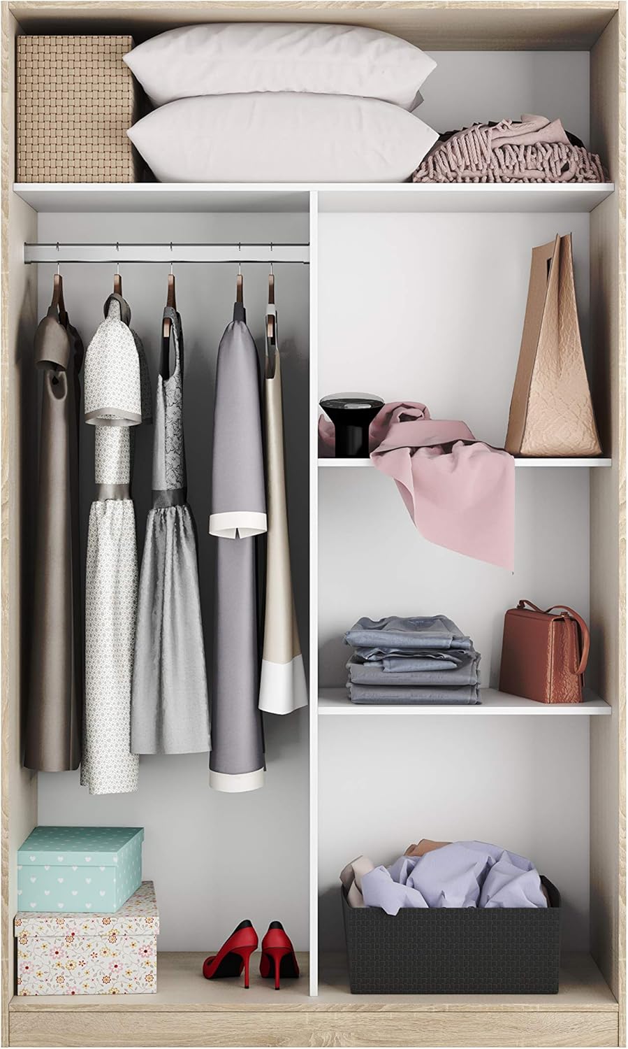 Dmora Wardrobe with Two Sliding Doors and Three Shelves, Oak and Glossy White, cm 120 x 50 x h200, Length 120 cm