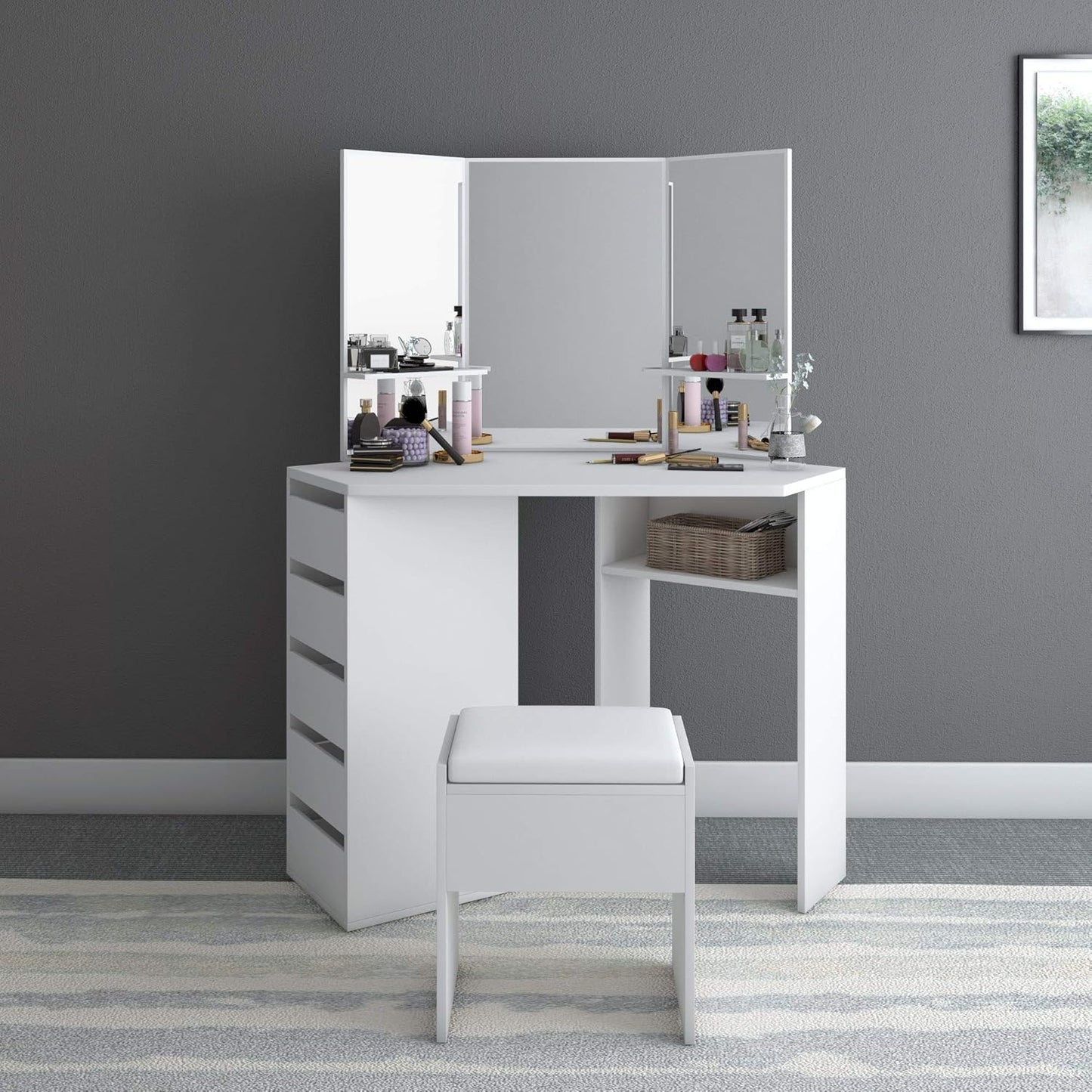 Panana Corner Dressing Table Makeup Desk Bedroom Dresser Table Furniture With Mirror Makeup Stool Set (White)