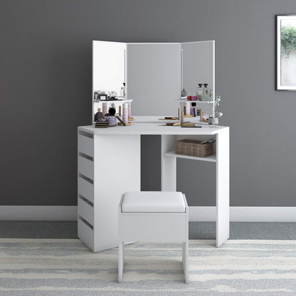 Panana Corner Dressing Table Makeup Desk Bedroom Dresser Table Furniture With Mirror Makeup Stool Set (White)
