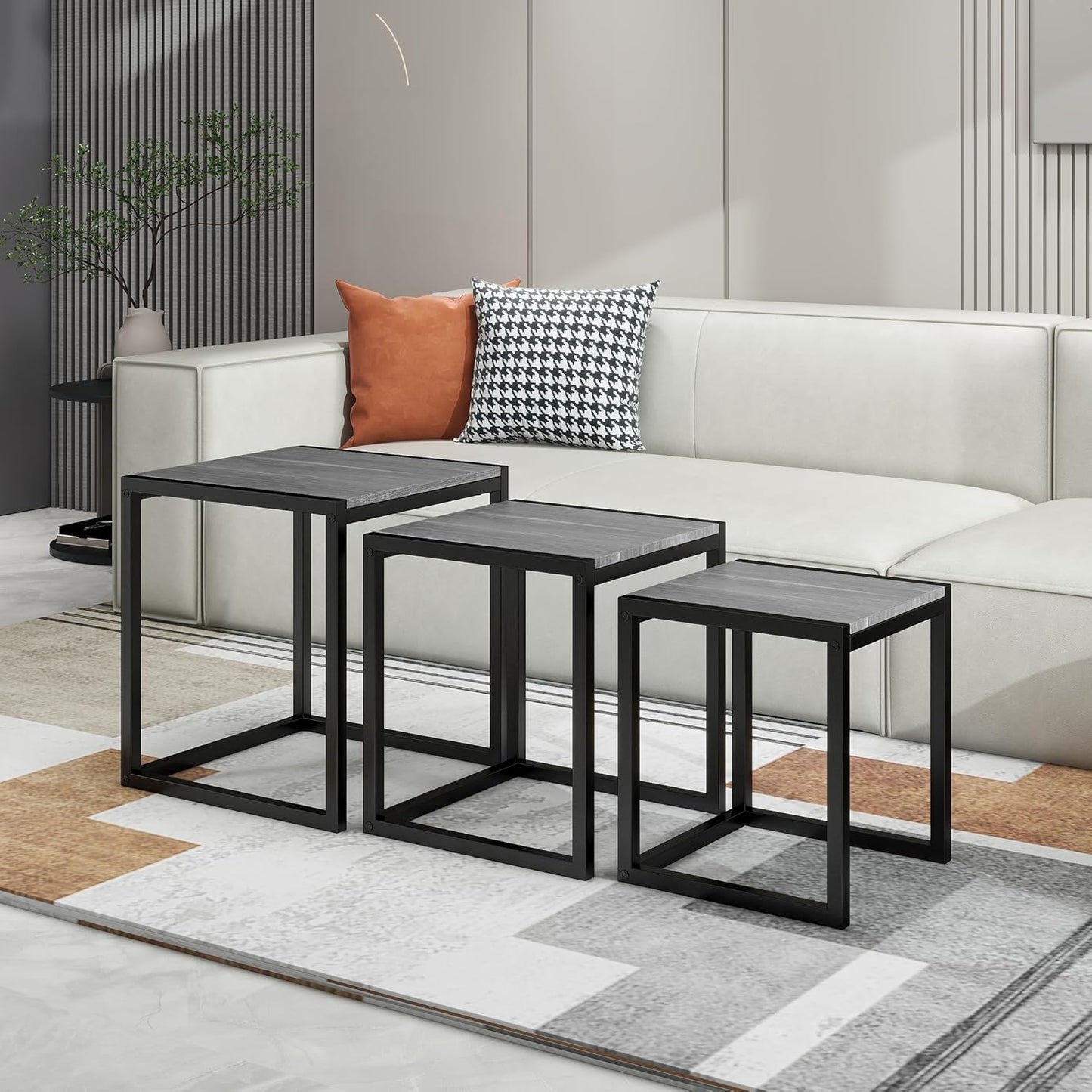HAHRIR Nesting Table Set of 3 Side Tables, Modern Coffee Table Stacking End Table with Metal Frame (A-Square, Grey)