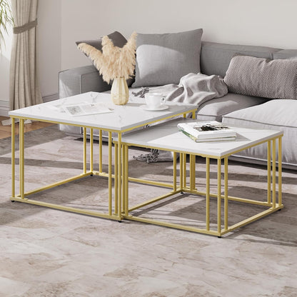 YITAHOME Modern Coffee Table Set of 2 for Living Room, White Grey Round Wooden Coffee Tables, Cocktail Tables, Side Table with Sturdy Gold Metal Frame