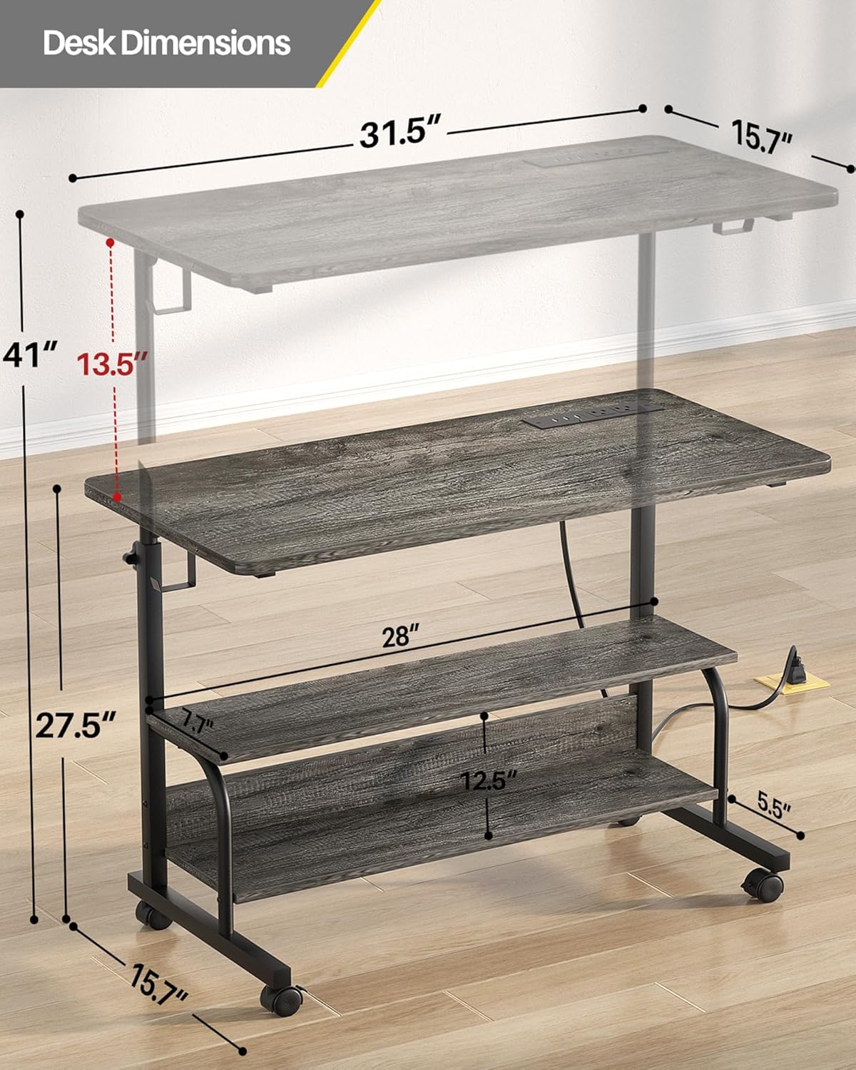 Height Adjustable Standing Desk with Power Outlets, 32" Manual Stand Up Desk with Storage Shelves Small Mobile Rolling Computer Desk Portable Laptop Table with Wheels for Home Office