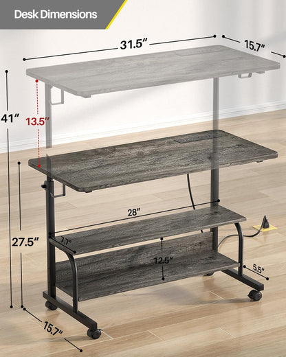 Height Adjustable Standing Desk with Power Outlets, 32" Manual Stand Up Desk with Storage Shelves Small Mobile Rolling Computer Desk Portable Laptop Table with Wheels for Home Office